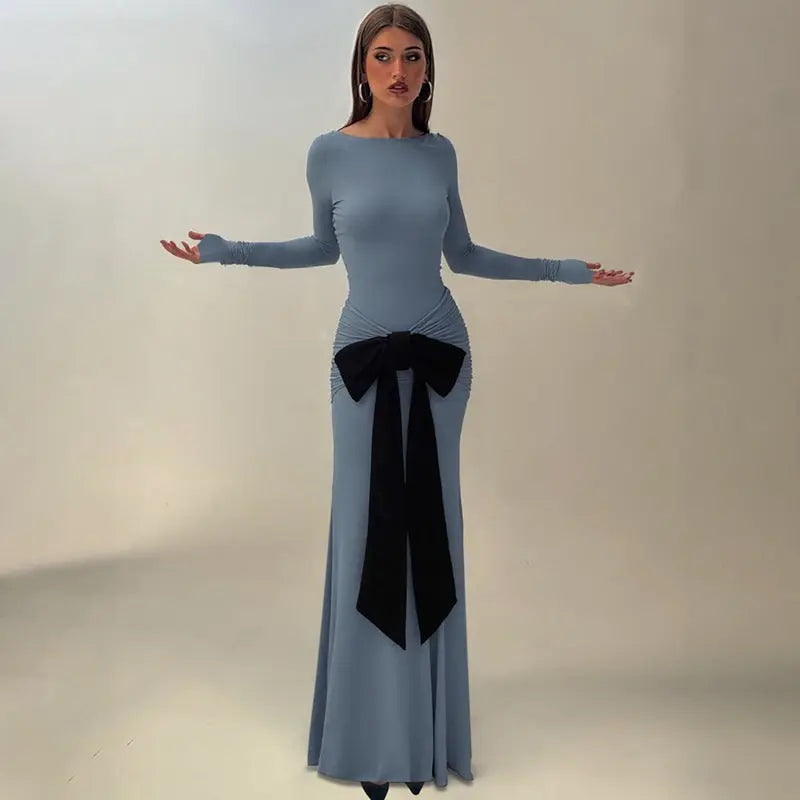 Women Clothing Summer Solid Color Pleated Waist Controlled Lace up Long Sleeve Dress Women Bella Mia