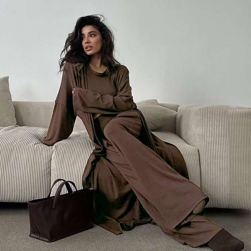 Summer Pajamas Three Piece Knitted Solid Color Top Trousers Loose Comfortable Home Wear Bella Mia