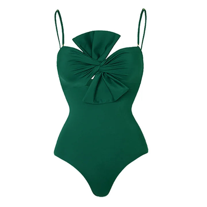 Bow Solid Color One Piece Women Swimwear Suit French Retro Cover Belly Slimming Swimsuit Bella Mia