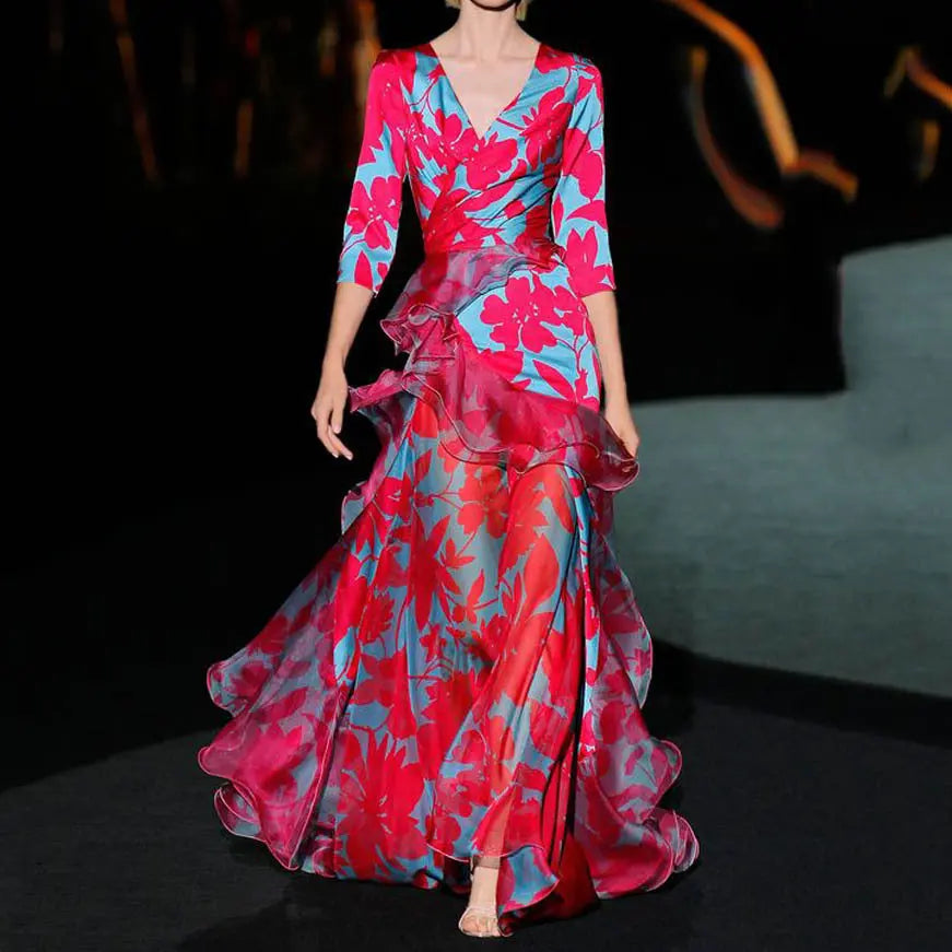 Printed Maple Leaf Maxi Dress Women V Neck Ruched Lace Formal Bella Mia