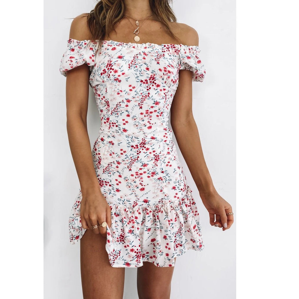 Spring Summer Small Floral Sexy off Shoulder Collar Dress Home Floral Bella Mia