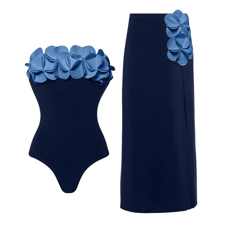 Contrast Color Floral Decoration One Piece Swimsuit Women Two Piece Sets