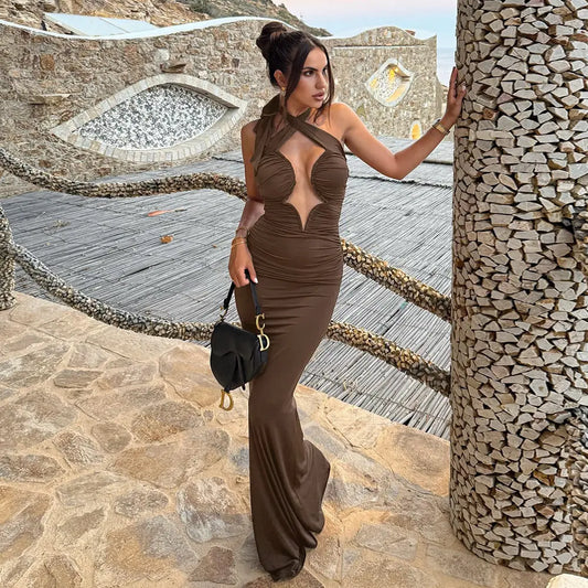 Autumn Winter Slim Slimming Wrapped Chest Hip Dress Sexy Coffee Color Cross Halterneck Dress Bella Mia