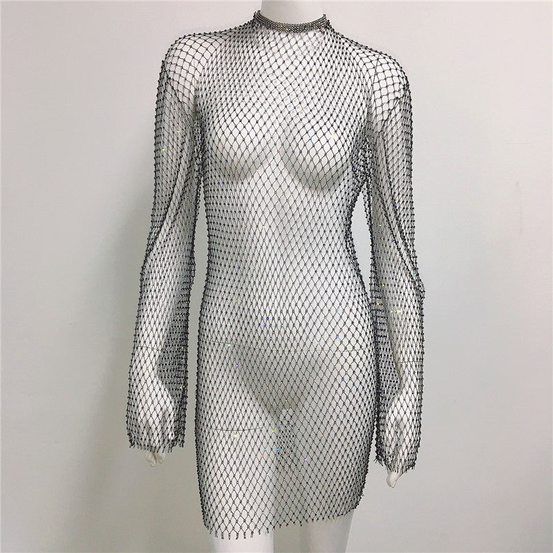 Women Grid Rhinestone Fishnet Dress Sexy Bikini Cover Up Fishnet Beach Dress Bella Mia