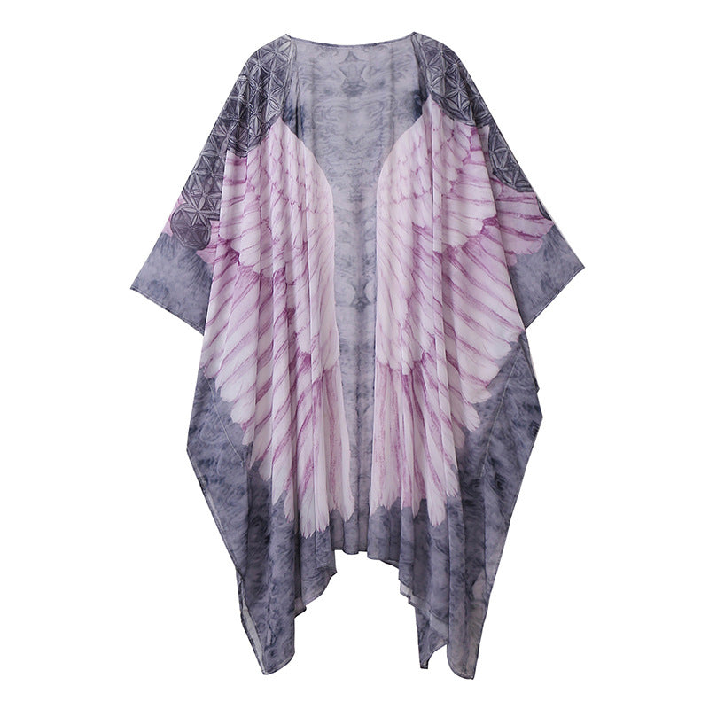 Beach Cover Up Wings Printing Wing Loose Long Long Sleeve Knitted Cardigan Sunscreen Beach Cover Up Bella Mia