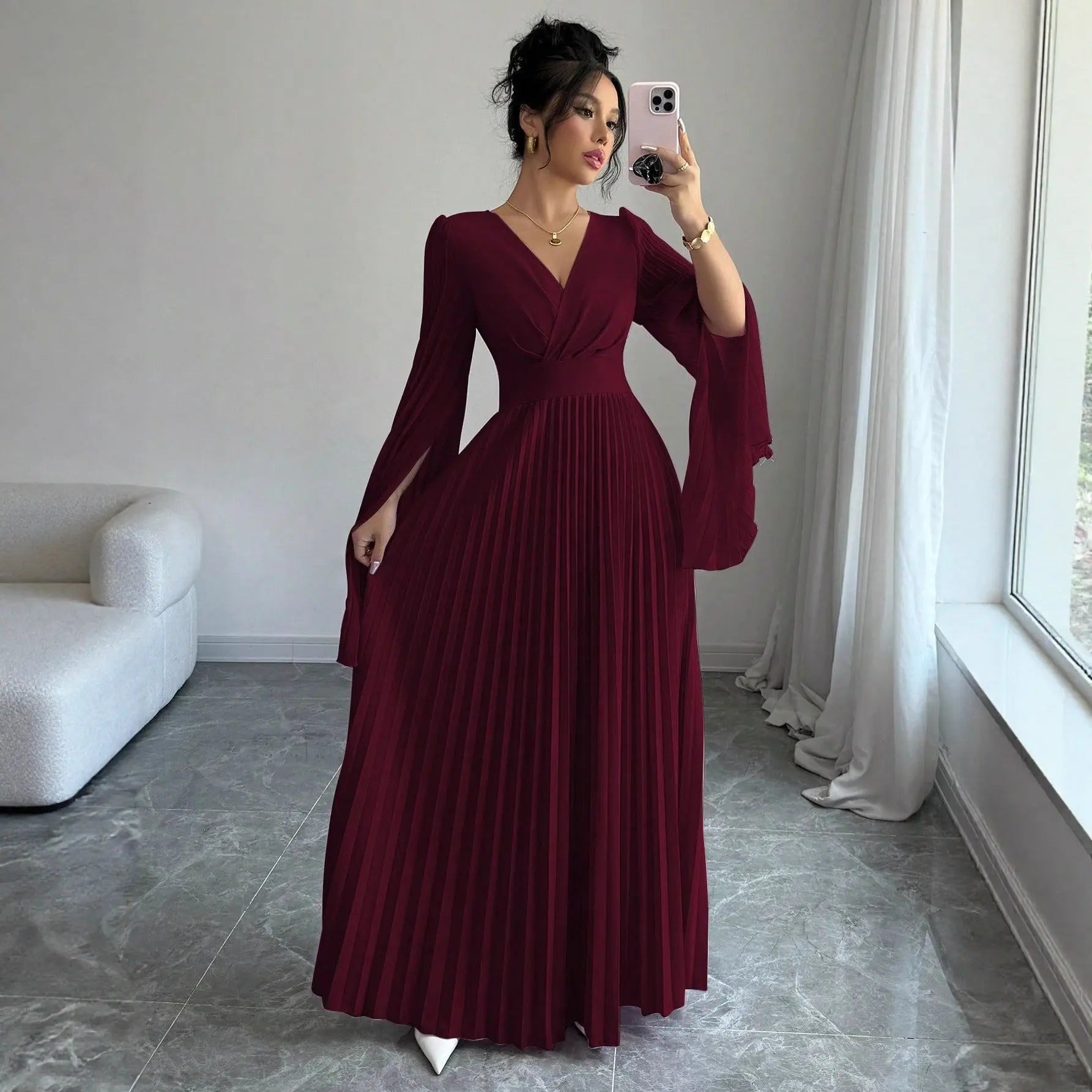 High Waist Maxi Dress Sexy Deep V Plunge Long Sleeve Pleated Bell Sleeve Design Dress Bella Mia