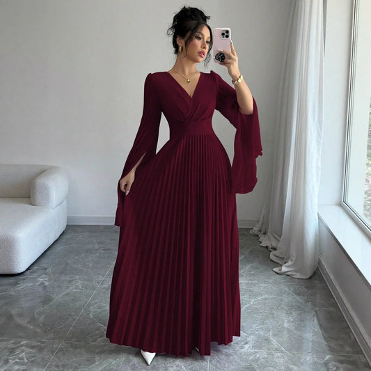 High Waist Maxi Dress Sexy Deep V Plunge Long Sleeve Pleated Bell Sleeve Design Dress Bella Mia