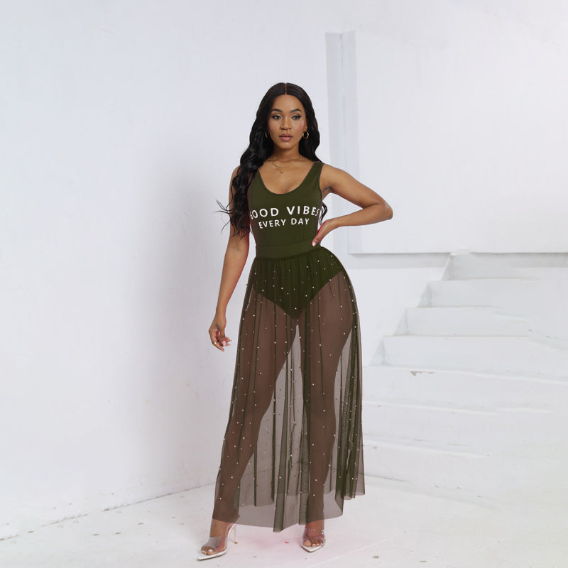 Summer Sexy Jumpsuit Beach Dress Two Piece Suit Handmade Beaded Transparent Mesh Skirt Set Bella Mia