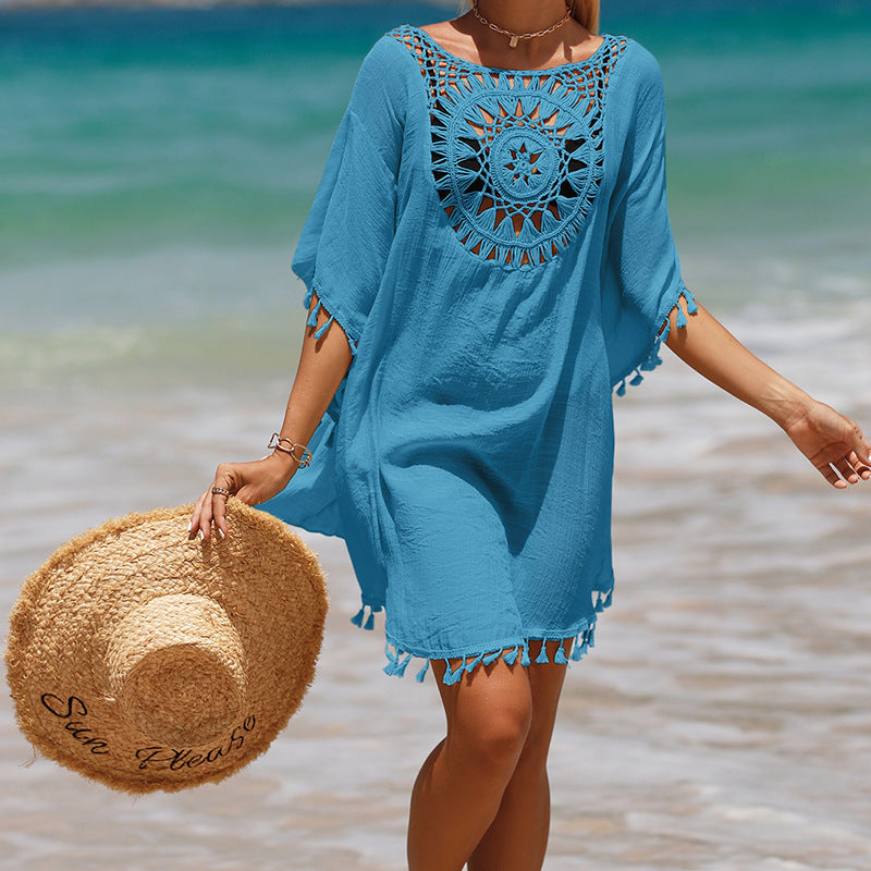 Vacation Hand Crocheting Solid Color Stitching Beach Dress Fimbrilla Sun Protection Short Sexy Beach Blouse Bella Mia