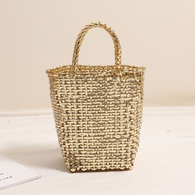 Gold Silver Color Portable Vegetable Basket Bag Solid Color Large Capacity Hand Carrying Woven Bag Seaside Vacation Beach Bag Bella Mia