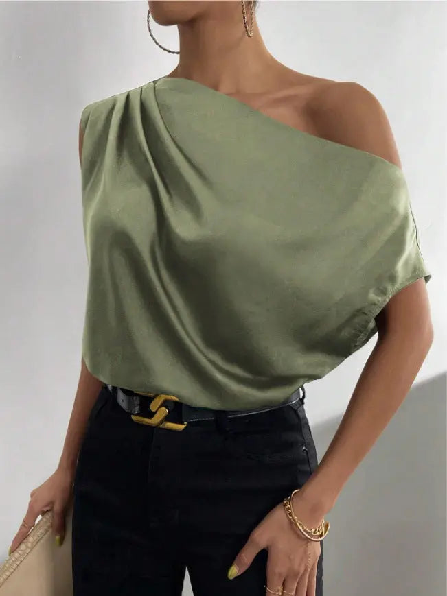 Spring Solid Color Satin Artificial Silk Irregular Asymmetric Shoulder off Shoulder Pullover Sleeveless Shirt Women Clothing Bella Mia