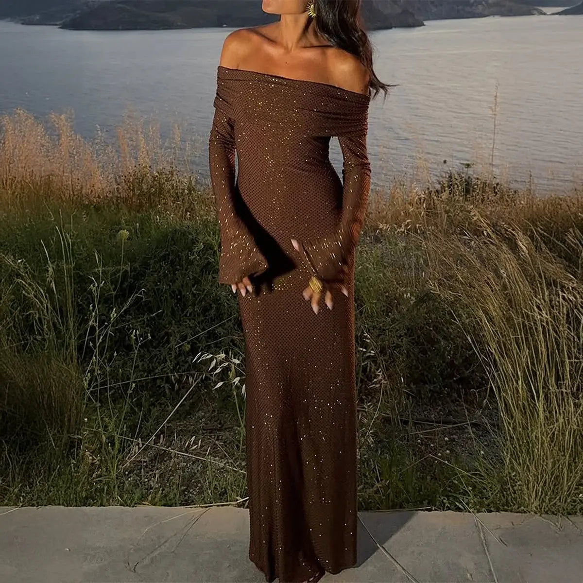 Sexy Lace Mesh Maxi Dress Off Shoulder Long Sleeve For Party Bodycon Bella Mia