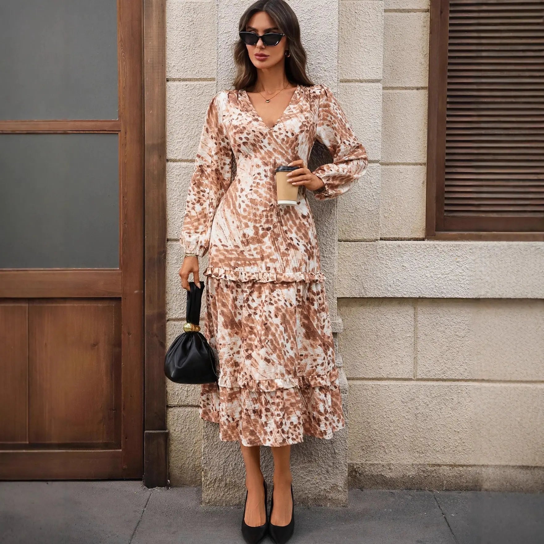 Autumn French V Neck Long Sleeve Split Print Maxi Dress With Ruffle Bella Mia