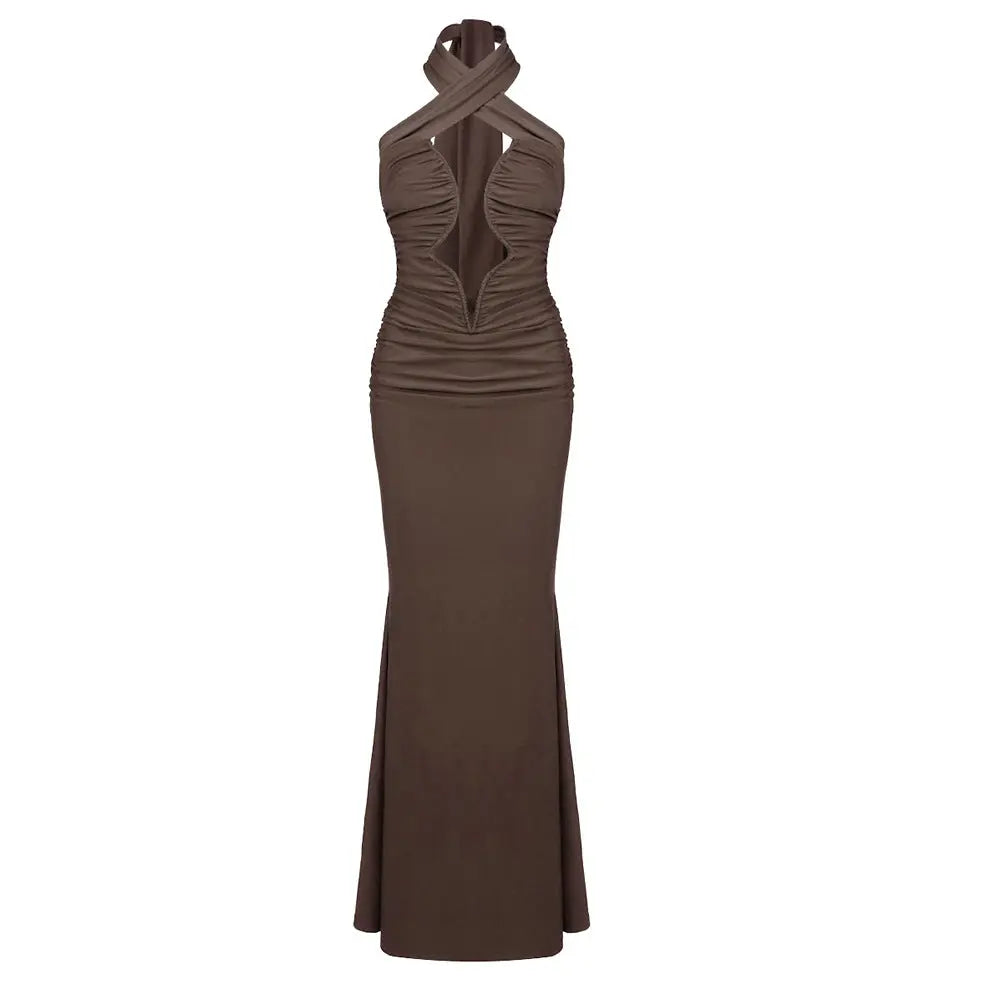 Autumn Winter Slim Slimming Wrapped Chest Hip Dress Sexy Coffee Color Cross Halterneck Dress Bella Mia