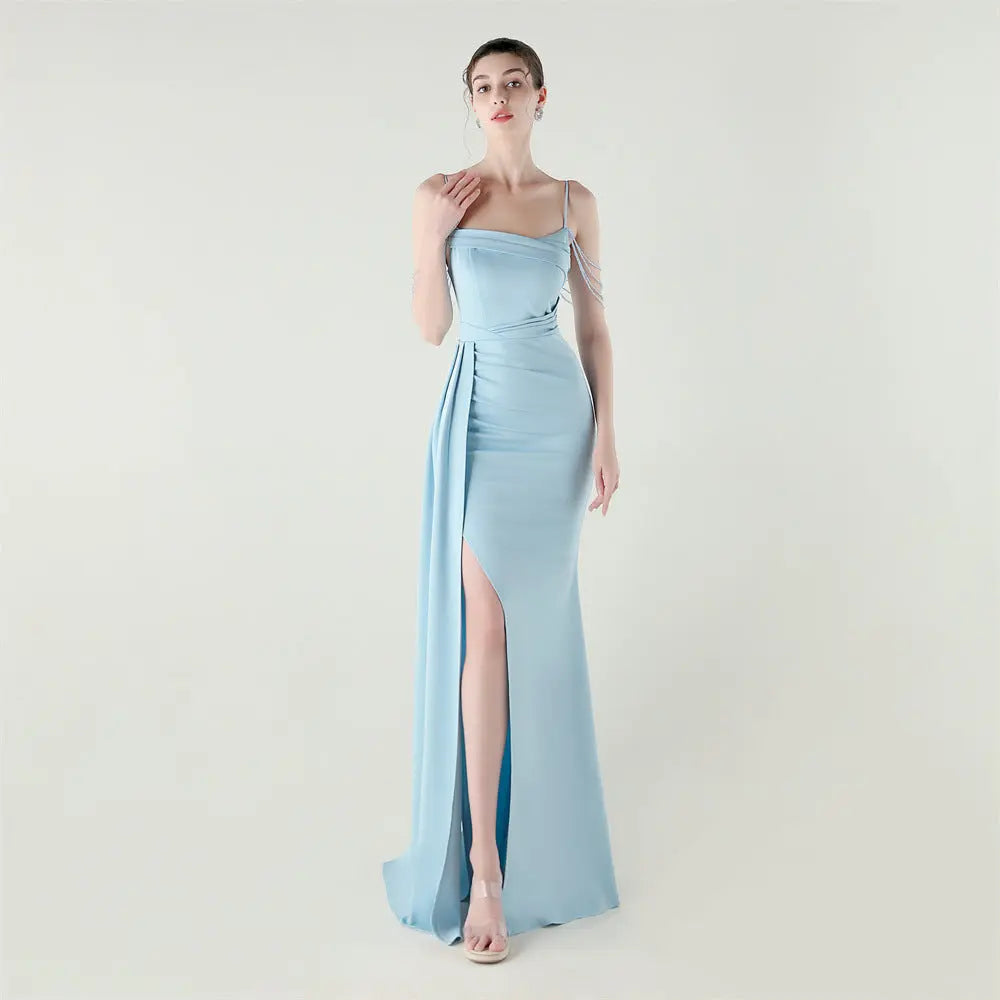 Bandeau Sling Satin Craft Beaded Chain Fishtail Evening Dress Dinner Wedding Ball Bella Mia