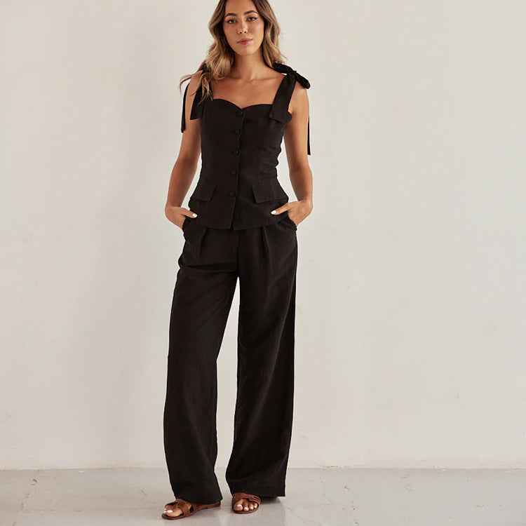 Spring Summer Black Bandeau Sling Top High Waist Wide Leg Pants Two Piece Set Bella Mia