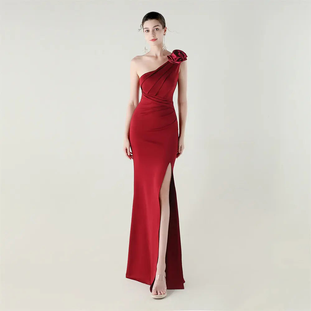 One Shoulder Three Dimensional Floral Satin Folding High Slit Sexy Evening Dress Dinner Wedding Social Bella Mia