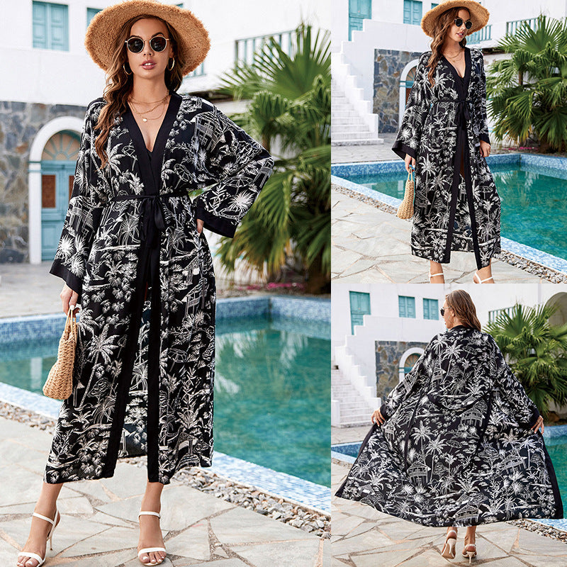 Print Holiday Beach Jacket Sun Protection Clothing Cardigan Long Bikini Cover up Swimsuit Blouse Bella Mia