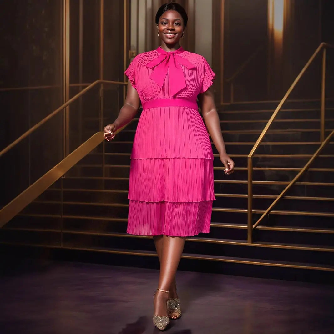 Summer Graceful Bow round Neck Dress Slim Fit Pleated Tiered Dress Party Evening Dress Bella Mia