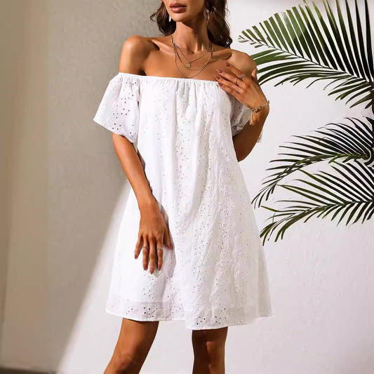 Women Clothing White Off The Shoulder Clothes Eyelet Embroidery No Belt Dress Bella Mia