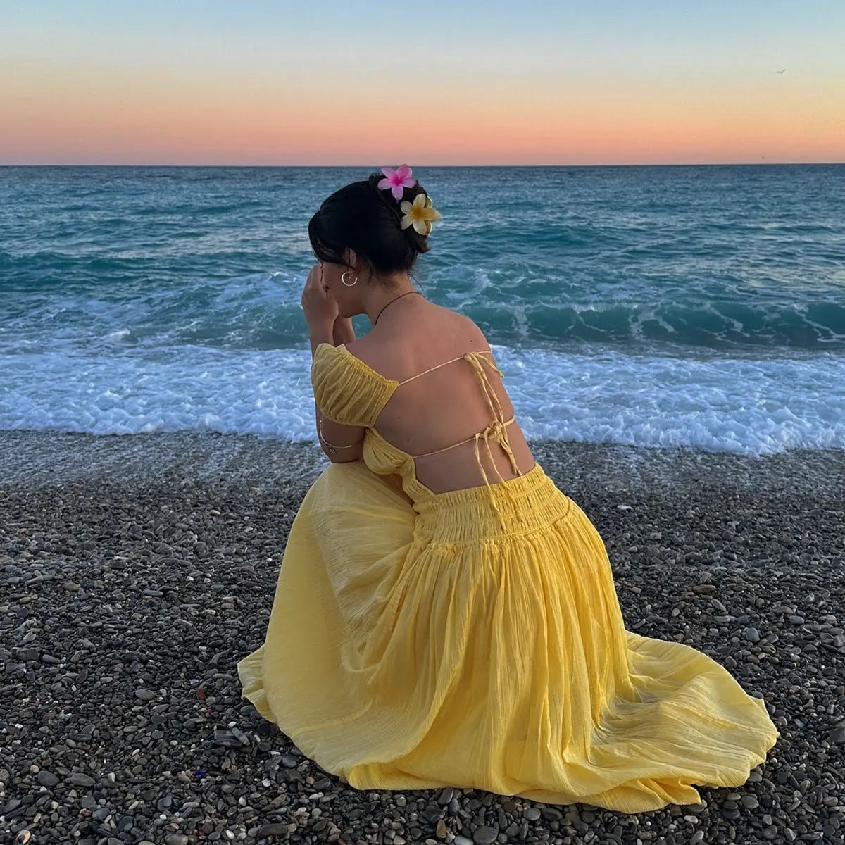 Women Summer Boho Backless Square Neck Puff Sleeve Maxi Dress Bella Mia