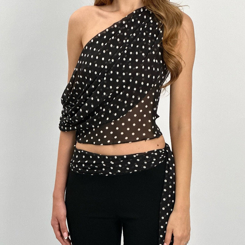 Women Clothing Summer Sexy Diagonal Collar Polka Dot Chiffon See through Irregular Asymmetric Top Women Bella Mia