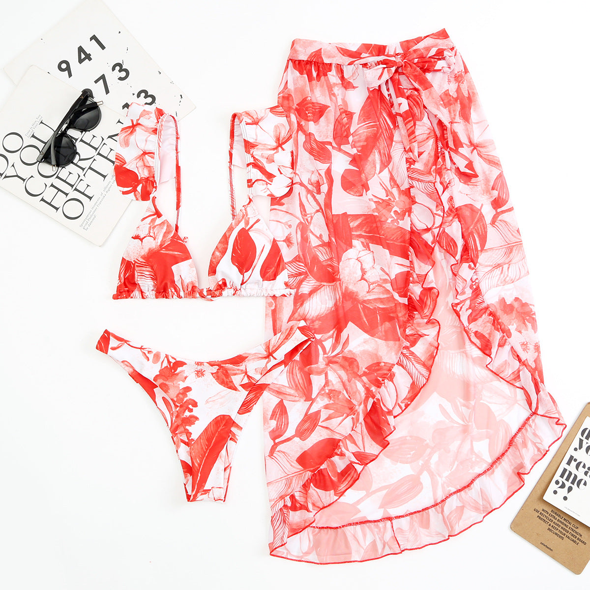 Women Printed Split Sexy Double Sided Mesh Triangle Bikini Swimsuit Three Piece Set Bella Mia