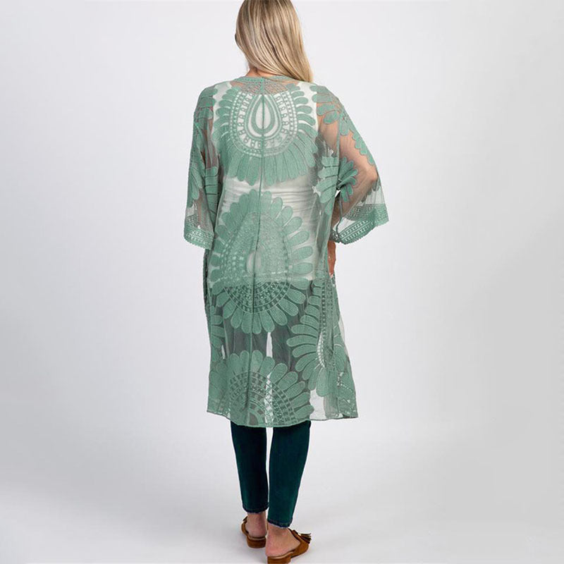 Lace Sunfower Embroidered Beach Cover-up Sexy Cardigan Outer Sunscreen Beach Cover Up Bella Mia