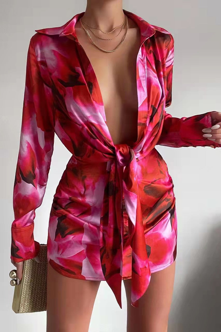 Sexy Women Wear Digital Printing Series Button Long Sleeve Shirt Dress Bella Mia