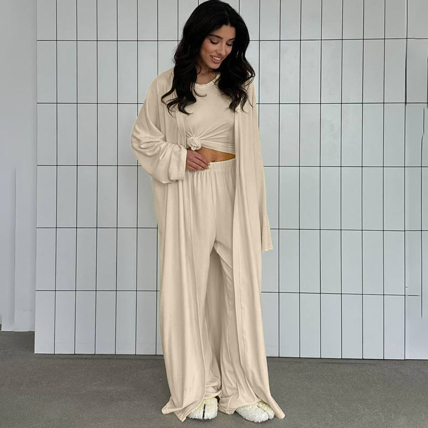 Summer Pajamas Three Piece Knitted Solid Color Top Trousers Loose Comfortable Home Wear Bella Mia