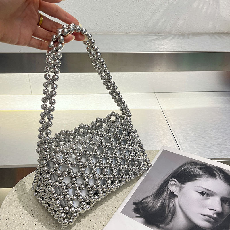 Trendy Hollow Out Cutout Shiny Crystal Handmade Beaded Woven Bag Portable Underarm One Shoulder Crossboby Bag Bella Mia