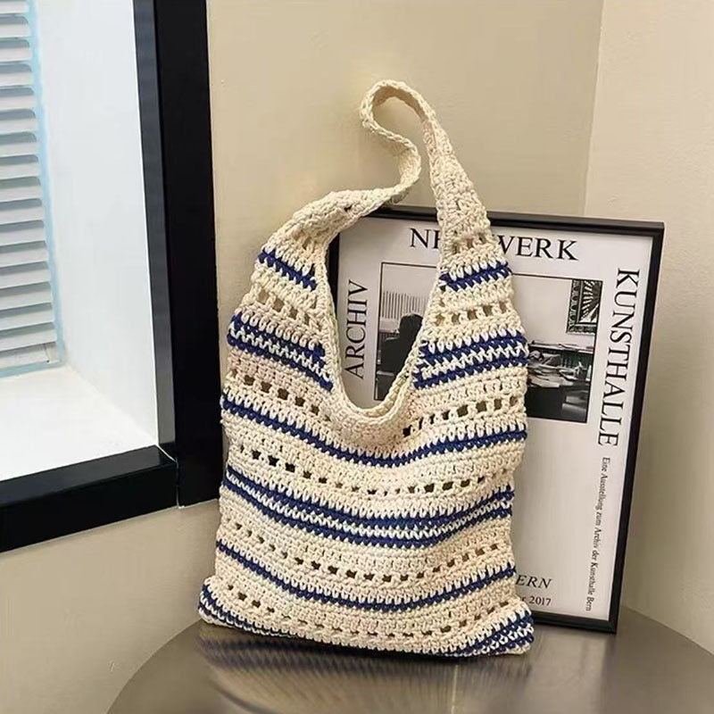 Striped Single Shoulder Cotton Thread Woven Bag Large Capacity Hollow Out Cutout Straw Bag Seaside Vacation Beach Bag Bella Mia