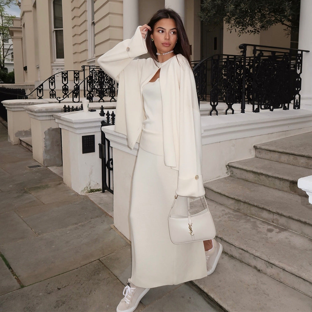 Knitted Long Sleeve Cardigan Camisole Skirt Set Women Autumn Winter Sweater Three Piece Set Bella Mia