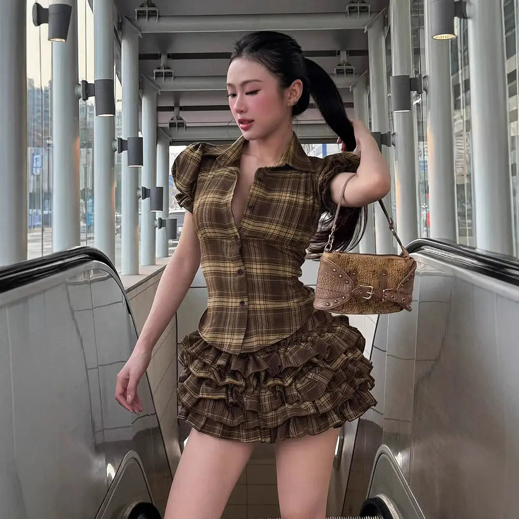 Korean Sweet Girl Preppy Plaid Puff Sleeve Shirt Irregular Asymmetric Hem Waist Slimming Single Breasted Cardigan Top Skirt Sets Bella Mia