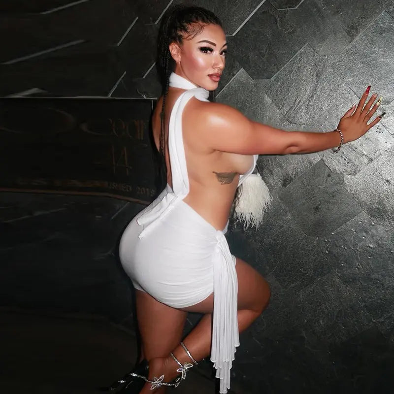 Street Women Wear Stitched Backless Solid Color Hip Lace up Pleated Asymmetric Dress Bella Mia