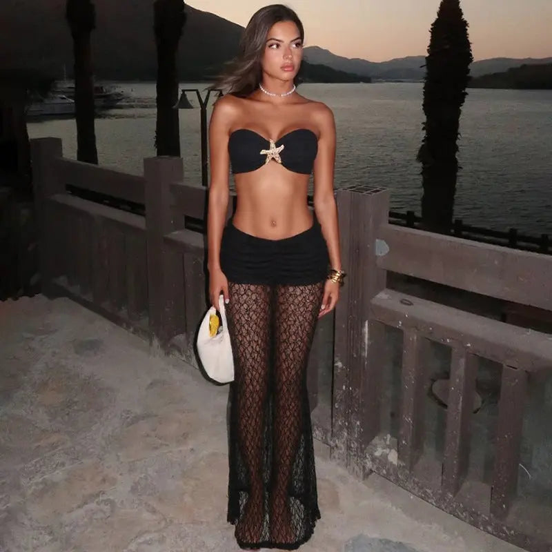 Summer Women Clothing Solid Color Sexy Lace up Tube Top Lace Maxi Skirt Two Piece Set for Women Bella Mia