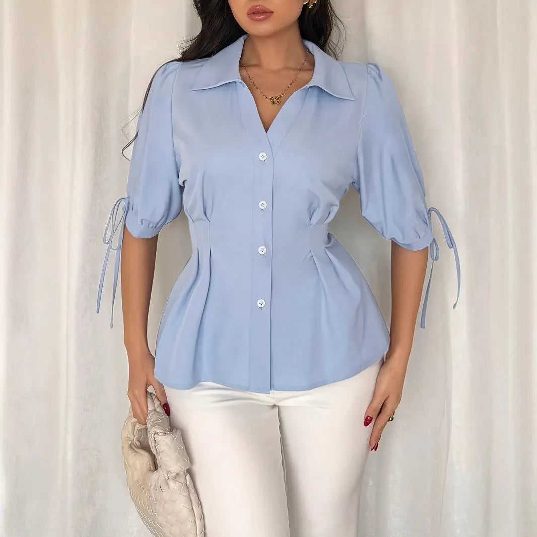 Light Blue Pleated Office Shirt For Women With Puff Sleeves And Lace Up Details Bella Mia