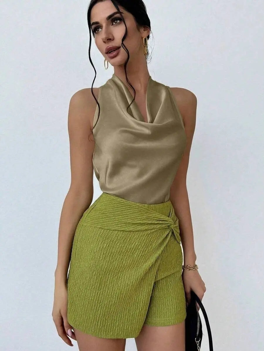 Elegant Satin Halter Tank Top Sleeveless With Cowl Neck And Tie Detail Bella Mia