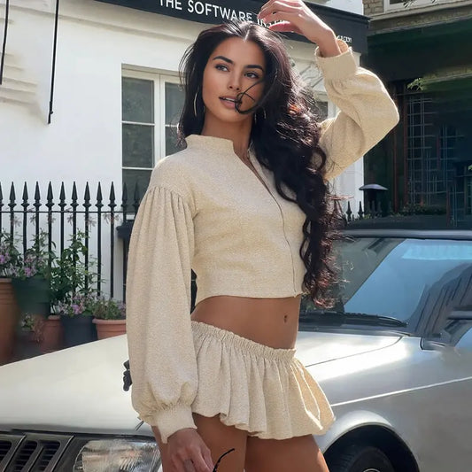 Women Autumn Sexy Zipper Stand Collar Slim Fit Top And Short Skirt Set Bella Mia