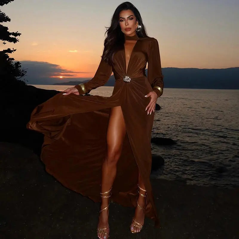 Fall Women Clothing Elegant Sexy Deep V Plunge neck Slim Fit Slit Long Sleeve Dress Women Bella Mia