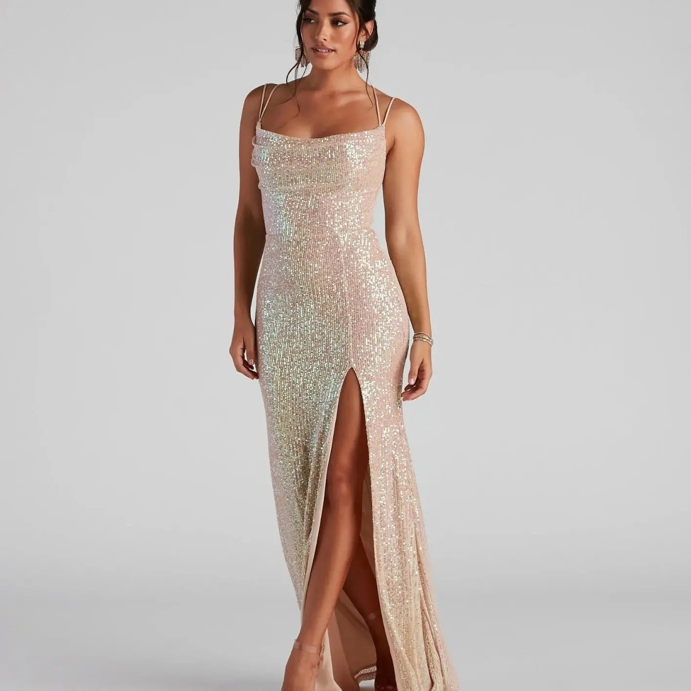 Sequin Halter Maxi Dress Backless Split Party Club Formal Bella Mia