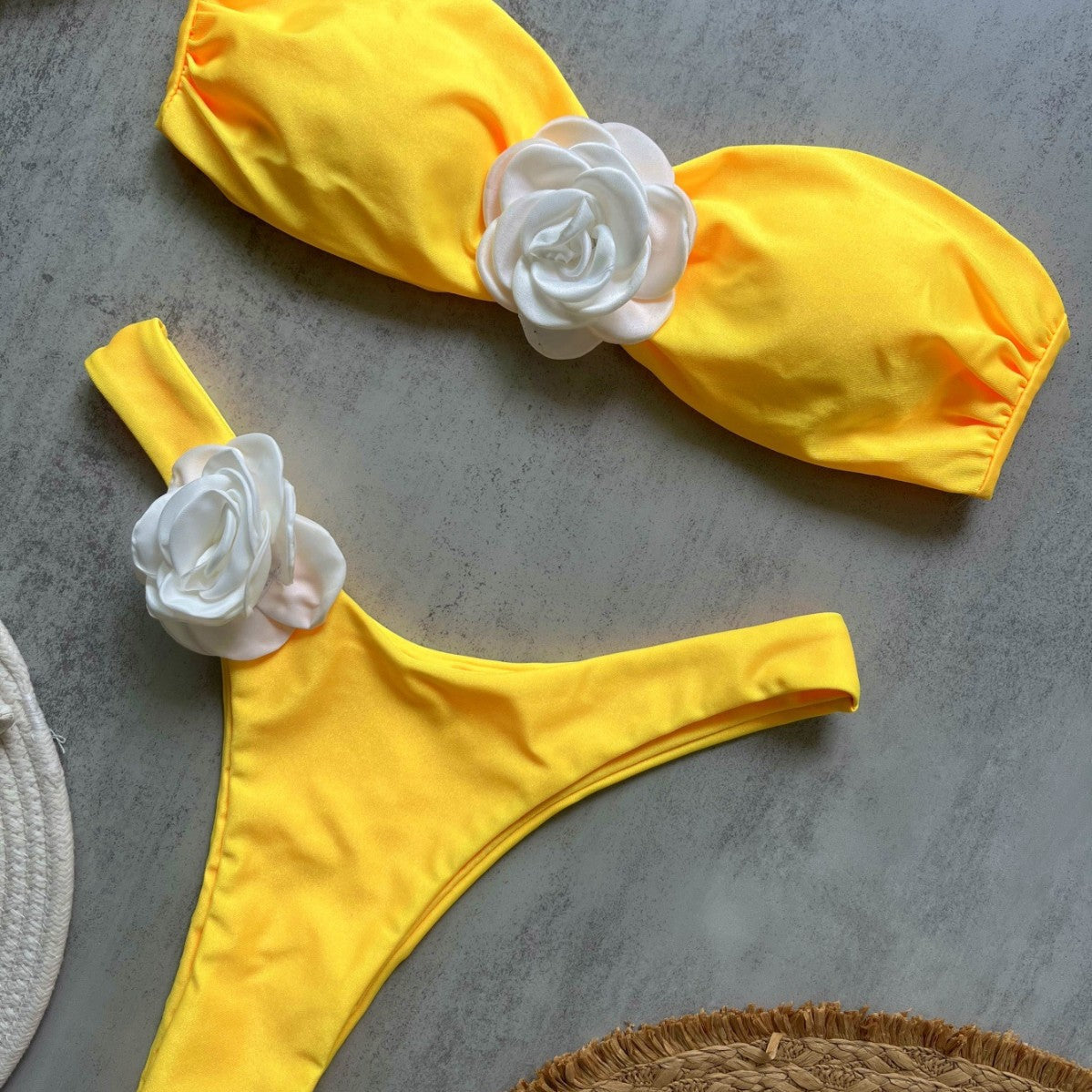 Yellow Three Dimensional Floral Solid Color Bikini Sexy Backless Split Swimsuit Nylon Bikini Bella Mia
