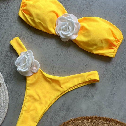 Yellow Three Dimensional Floral Solid Color Bikini Sexy Backless Split Swimsuit Nylon Bikini Bella Mia