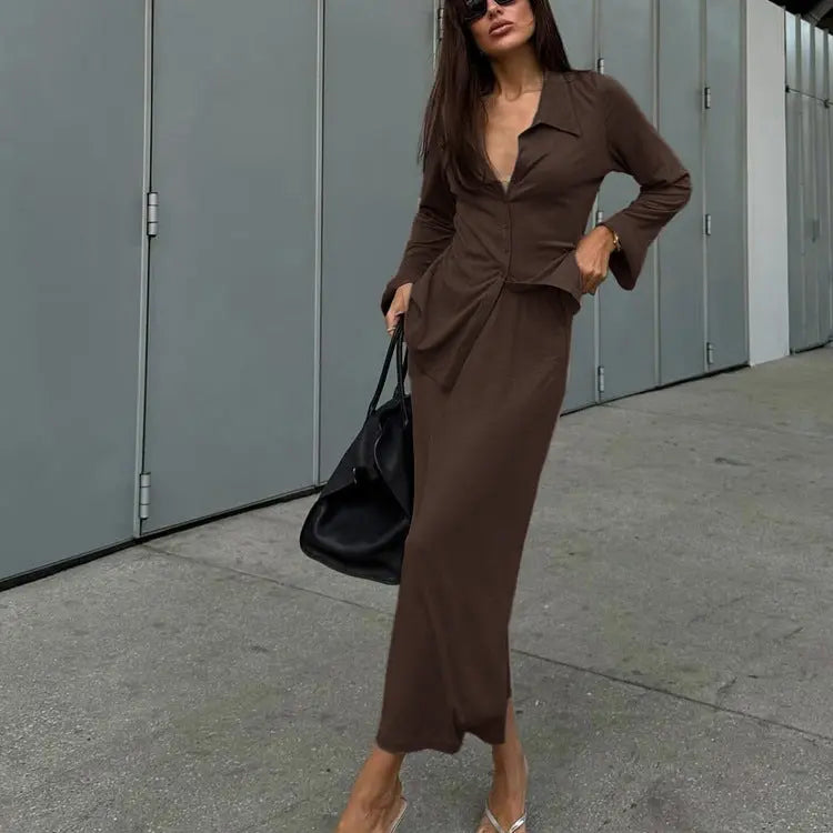 Women's Collared Flared Sleeve Cardigan Top Maxi Skirt Two Piece Set Bella Mia