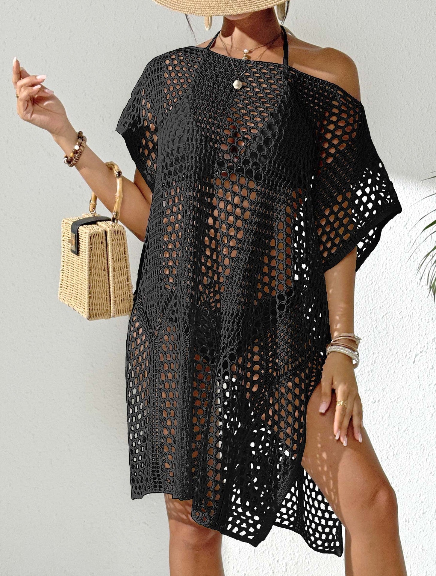 Women Holiday Blouse Women Sexy Woven Hollow Out Cutout out off Shoulder Bikini Overclothes Beach Dress Bella Mia