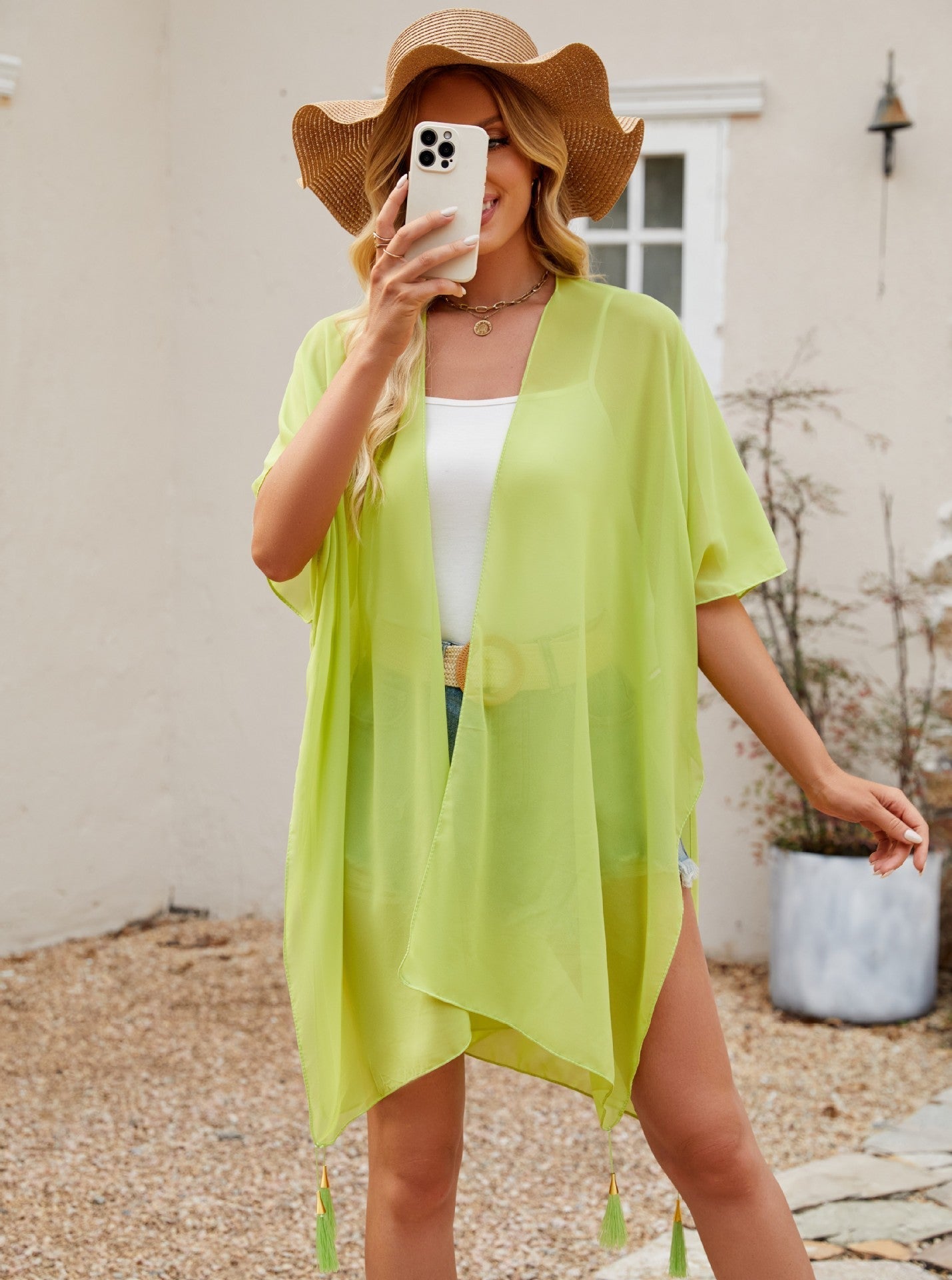 Seaside Blouse See Through Sexy Tassel Thin Cape Solid Color Travel Sun Protection Cardigan Bella Mia