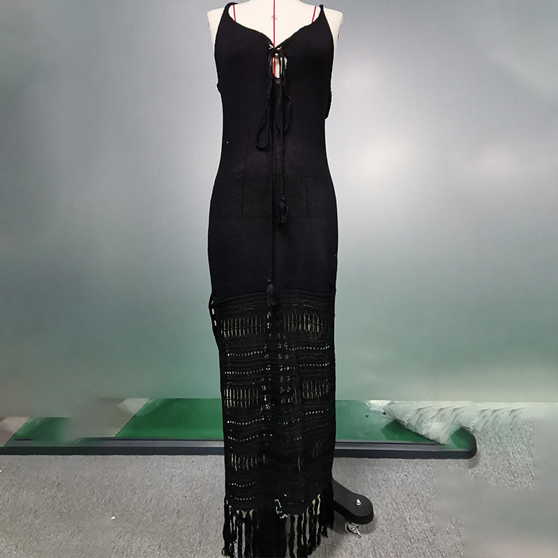 Summer Beach Dress Women Solid Color Spaghetti Straps Knitted Hollow Out Cinched Tassel Midi Dress Swimsuit Blouse Crochet hook Bella Mia
