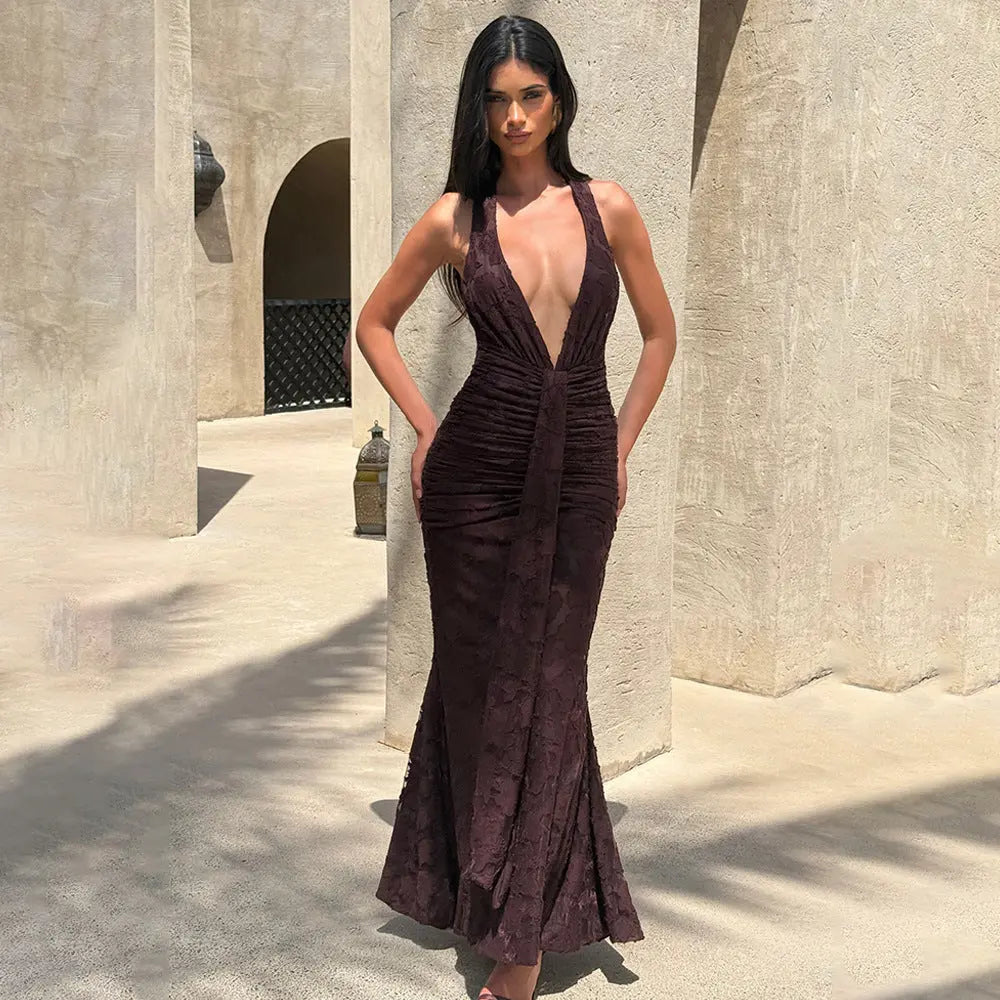 Lace Pleated Maxi Dress Women Sexy Deep V Plunge neck Backless Sheath Dress Bella Mia