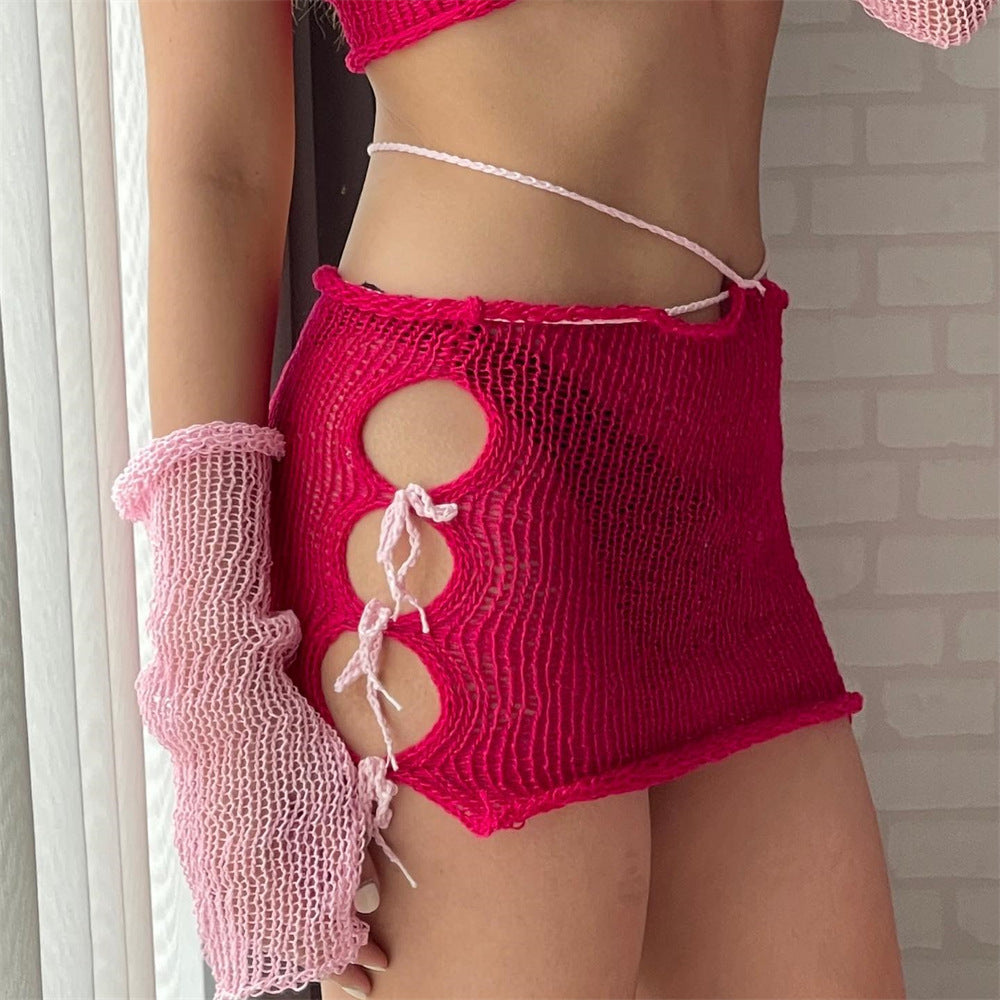 Summer Sexy Pearl Decoration Wrapped Chest Lace up Cutout Hip Skirt Knitting Suit Women Bella Mia