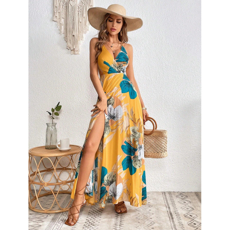 Real Shot Tropical Printing Thigh Fork Sling Dress Bella Mia